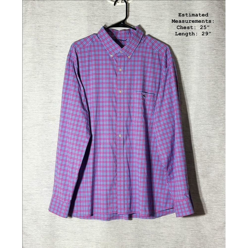 Vineyard Vines Mens XL Blue Pink Plaid On-The-Go Performance Button Down Shirt